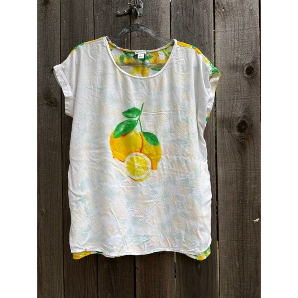 Stylus Womens Large Lemon Print Cap Sleeve Scoop Neck Summer Top White Yellow